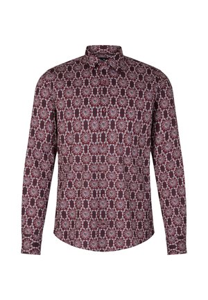 Koszula z długim rękawem w bordowym kolorze z bawełny, zdobiona misternym białym wzorem kwiatowym i klasycznym kołnierzykiem. Ogólny dopasowany krój.