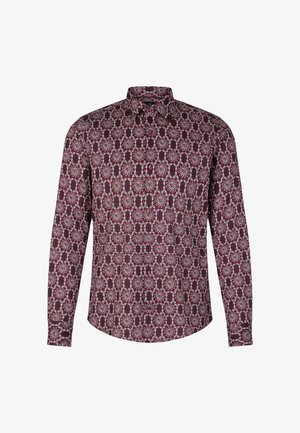 Koszula z długim rękawem w bordowym kolorze z bawełny, zdobiona misternym białym wzorem kwiatowym i klasycznym kołnierzykiem. Ogólny dopasowany krój.