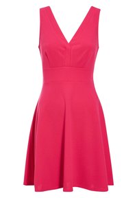 Vestido rosa sin mangas con escote en V y torso ajustado, que se abre en una falda ligeramente acampanada. Fabricado con un material suave y liviano.