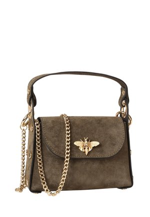 Dark brown suede handbag with top handle and gold bee embellishment on flap, featuring a gold chain strap.