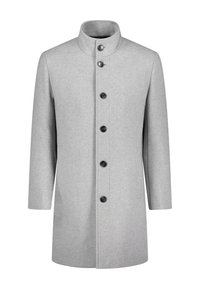 Grauer Wollmantel mit hohem Kragen, langen Ärmeln und geradem Schnitt. Verfügt über sechs schwarze Knöpfe und eine subtile Textur. Keine sichtbaren Taschen.