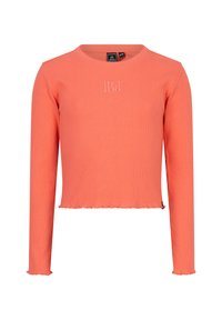 Koronkowa bluzka z długim rękawem w kolorze koralowym, z okrągłym dekoltem, skróconym fasonem i surowym wykończeniem; ozdobiona haftowanym logo z przodu.