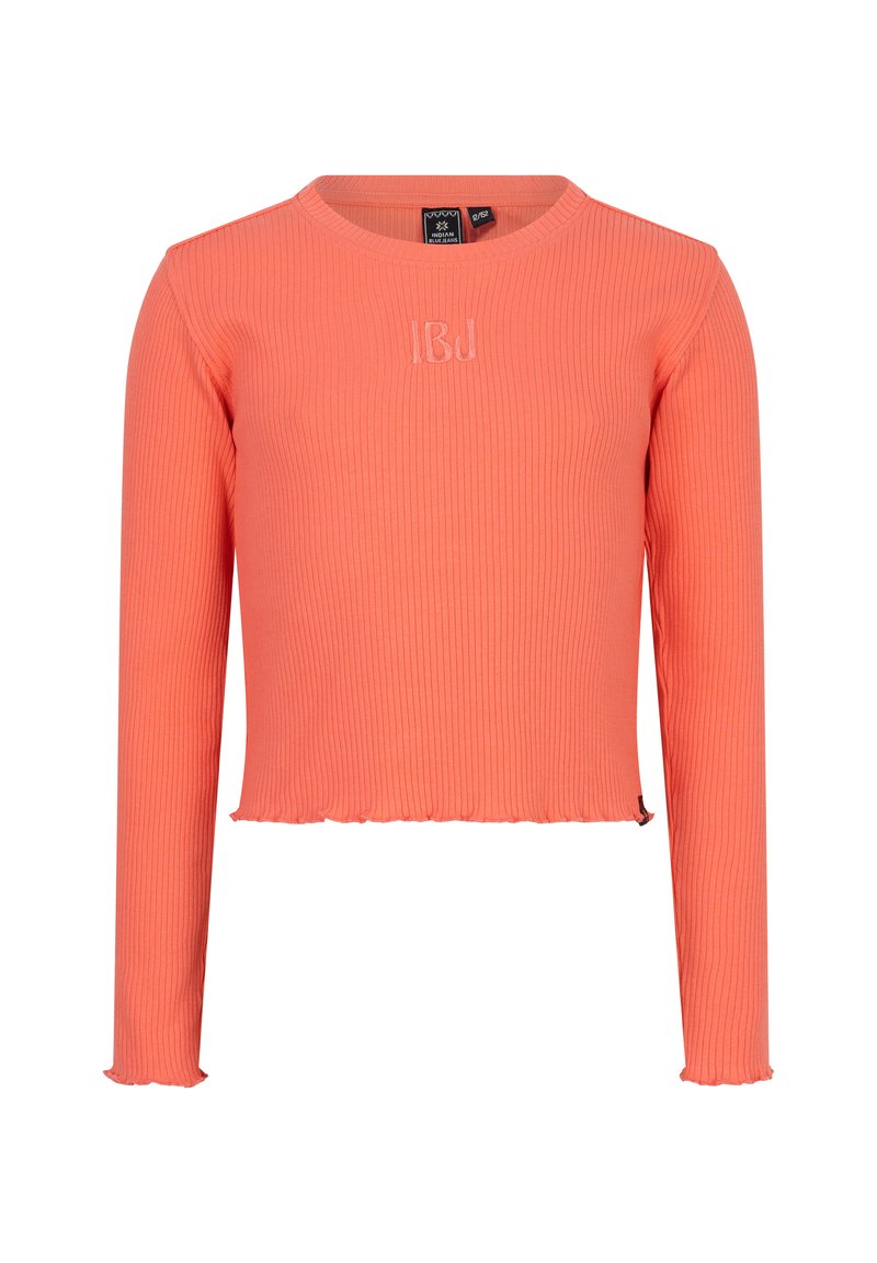 Koronkowa bluzka z długim rękawem w kolorze koralowym, z okrągłym dekoltem, skróconym fasonem i surowym wykończeniem; ozdobiona haftowanym logo z przodu.