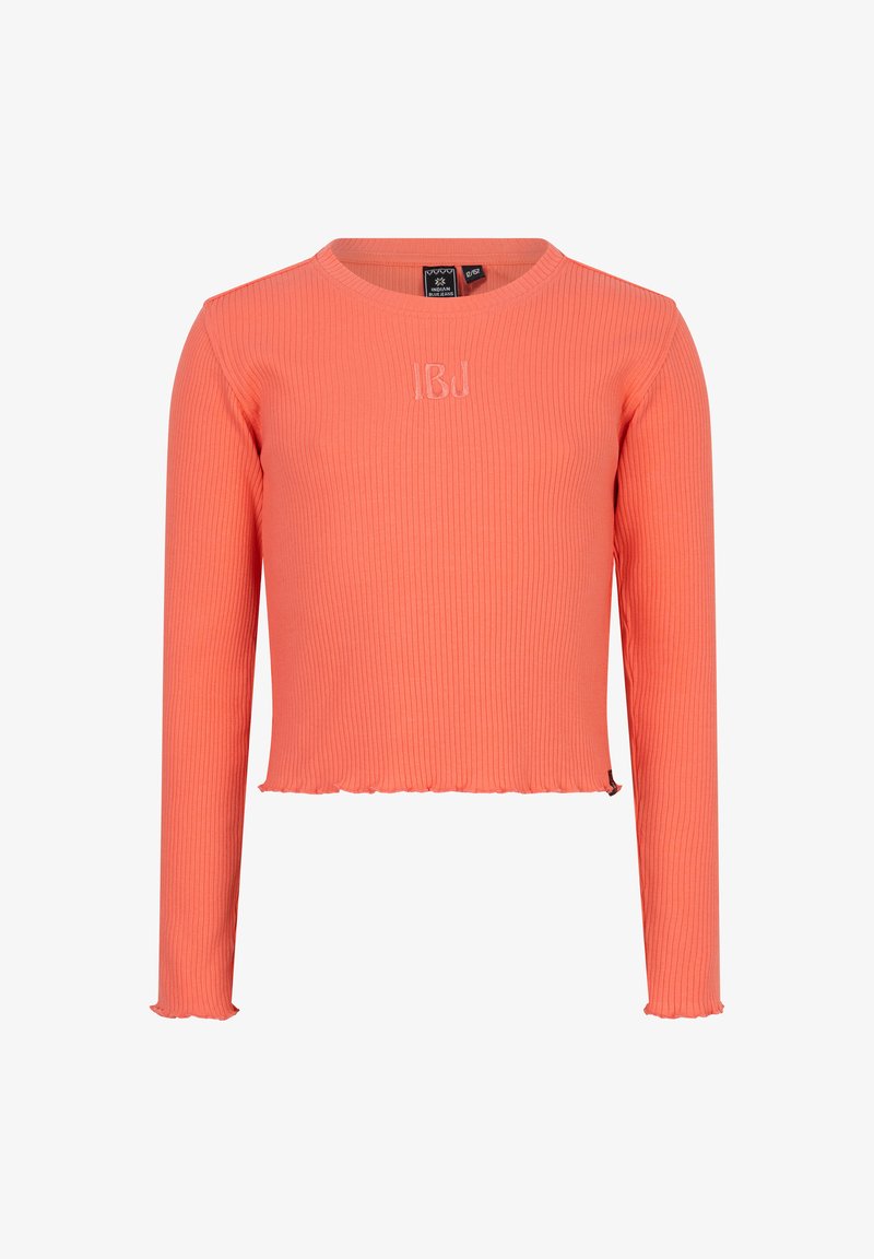 Koronkowa bluzka z długim rękawem w kolorze koralowym, z okrągłym dekoltem, skróconym fasonem i surowym wykończeniem; ozdobiona haftowanym logo z przodu.