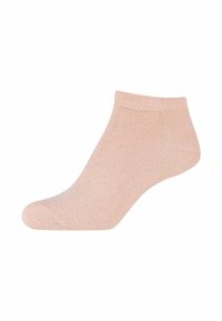 Lyst rosa ankelstrømpe, lavet af blødt materiale med en glat overflade. Har en ribbet kant og en afrundet tådesign.