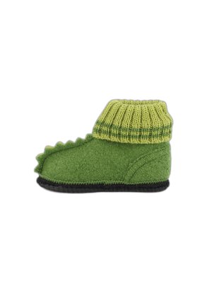 Groene wollen babyboot met een geribbelde lichtgroene rand, gekenmerkt door een gestructureerd lichaam en scherpe accenten die doen denken aan de schubben van een dinosaurus. Zwarte zool.