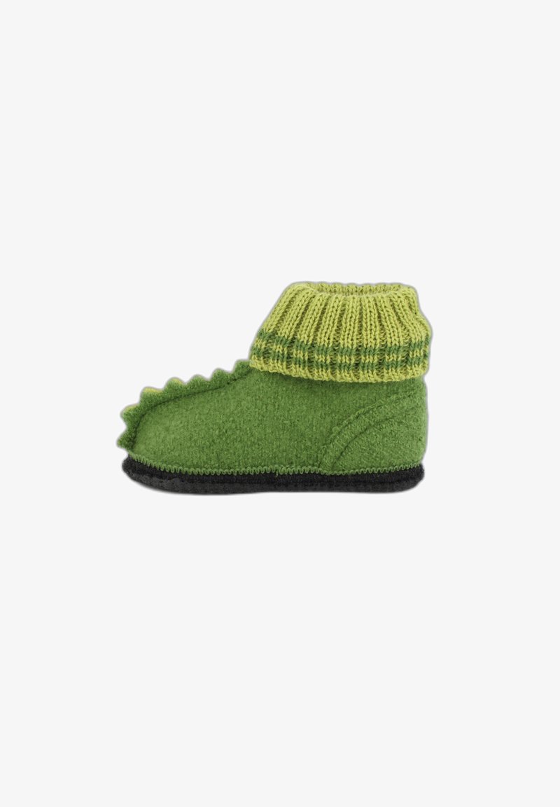 Groene wollen babyboot met een geribbelde lichtgroene rand, gekenmerkt door een gestructureerd lichaam en scherpe accenten die doen denken aan de schubben van een dinosaurus. Zwarte zool.