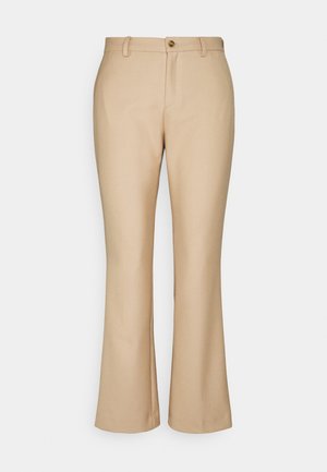 Beige high-waist straight-leg trousers with belt loops, front button, and zip closure on a plain white background.