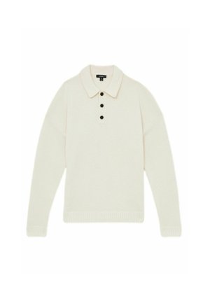 Cream-colored knitted pullover with a ribbed hem, featuring a buttoned placket and a classic collar. Soft texture and relaxed fit.