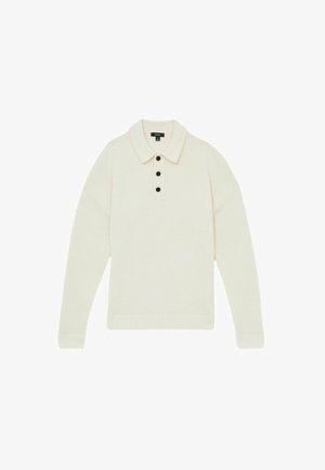 Pullover lavorato a maglia color crema con orlo a coste, dotato di una patta con bottoni e un colletto classico. Texture morbida e vestibilità rilassata.