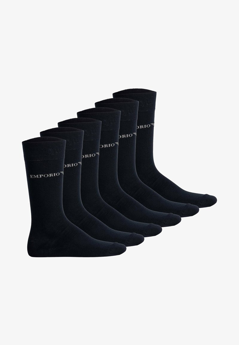Svarta bomullssockor i set om sex, med ribbad mudd och "Emporio"-logotyp i kontrasterande vitt, mjuk textur, längd till mitten av vaden.