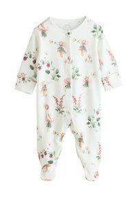 White cotton onesie featuring a floral print with pink flowers, green leaves, and whimsical characters; long sleeves, snap fasteners, and footed design.