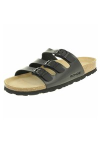 Černé skluzné sandály s třemi nastavovacími popruhy, korkovou stélkou a texturovanou gumovou podrážkou. Vyznačují se hladkým svrškem podobným kůži.