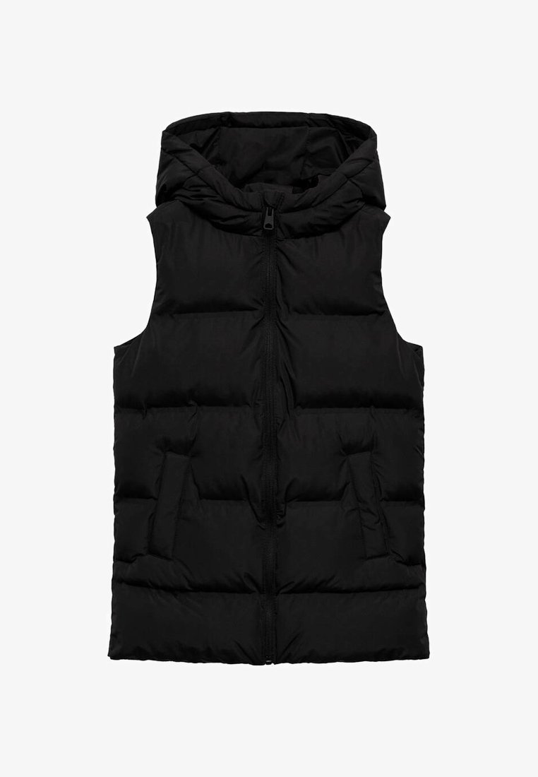 Črna brezrokavnik z odebeljenim polnjenjem, kapuco, sprednjo zadrgo in dvema poševnima žepoma, zasnovan za hladno vreme.