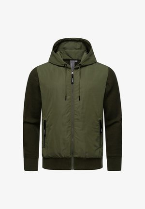 Hooded jacket in dark olive green, featuring a padded front, knitted sleeves, zippered pockets, and ribbed cuffs. Lightweight and textured.