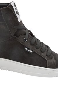 Wysokie sneakersy w ciemnoszarej zamszowej skórze. Oferują okrągłe sznurowadła, wyściełany kołnierz, białą gumową podeszwę oraz detal z logo po boku.