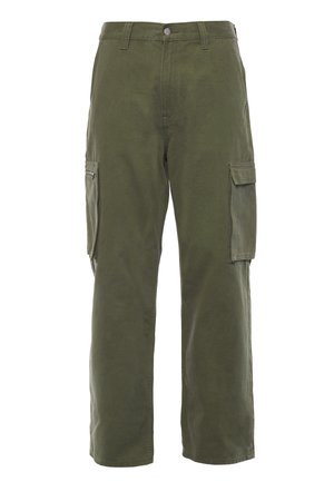 Pantaloni cargo in verde oliva, realizzati in cotone, con un design a gamba dritta, dotati di tasche laterali e una tasca con zip sulla gamba sinistra.