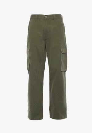 Cargo-Hosen in olivgrün, aus Baumwolle, mit geradem Bein, seitlichen Taschen und einer Reißverschlusstasche am linken Bein.