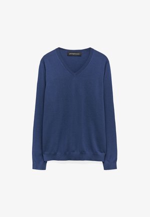 Maglione blu navy a V in morbido tessuto a maglia. Maniche lunghe, polsini e orlo a costine. Dettaglio logo discreto sul petto.