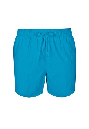 Türkise Badeshorts aus leichtem Stoff, mit einem elastischen Bund und einem Kordelzug sowie einem minimalistischen Logo unten links.