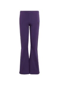 Purple flared pants made from soft fabric, featuring a black logo on the left hip and a smooth texture throughout.