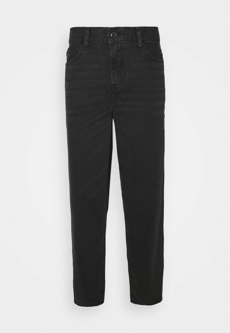 Black denim jeans with a straight cut, five-pocket design, and button closure. The fabric features subtle texture and no prominent patterns.