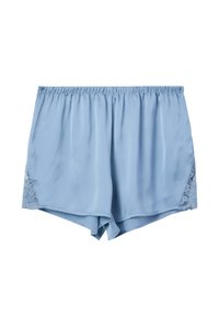 Pantaloni satinati azzurri chiari con vita elastica e dettaglio in pizzo sul lato. Texture liscia con vestibilità rilassata e lunghezza sopra il ginocchio.