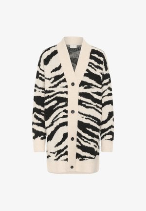 Krém és fekete színű zebra mintás kardigán, V-nyakkal, bordázott mandzsettákkal, öt gombbal és puha, texturált kötött anyaggal.
