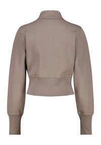 Maglione beige accorciato con colletto alto, maniche lunghe e polsini a coste. Realizzato in un tessuto morbido e liscio con una trama semplice.