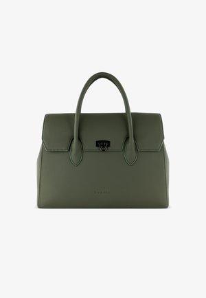 Sac à main en cuir vert olive avec un design structuré, deux poignées supérieures et un fermoir à l'avant. Présente une couture subtile et un logo embossé sur le devant.