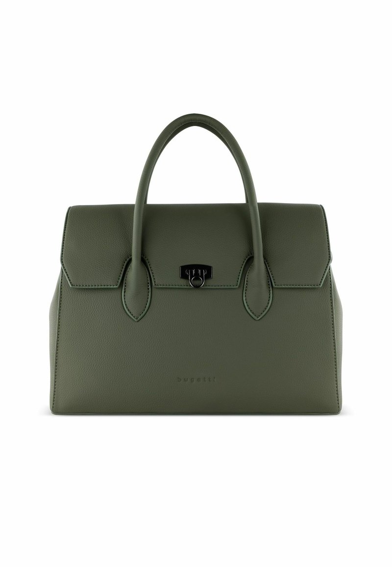 Bolso de mano de cuero verde oliva con diseño estructurado, dos asas superiores y un cierre delantero. Presenta costuras sutiles y el logo grabado en la parte delantera.