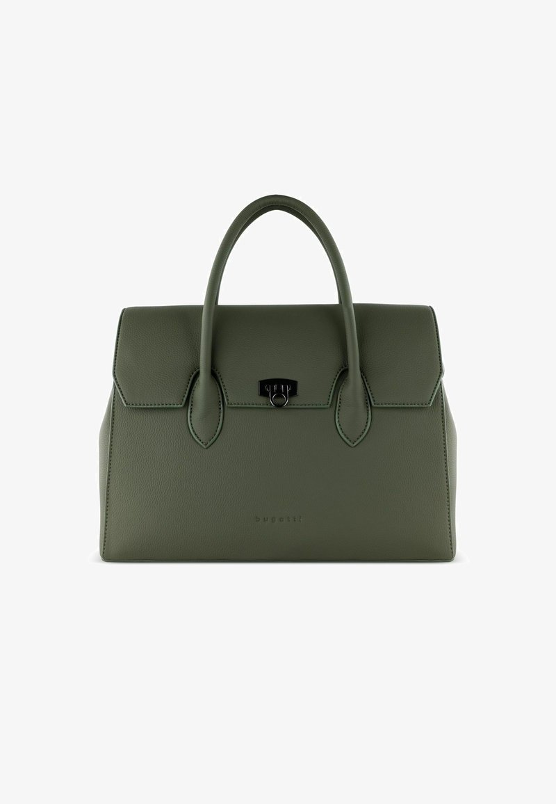 Bolso de mano de cuero verde oliva con diseño estructurado, dos asas superiores y un cierre delantero. Presenta costuras sutiles y el logo grabado en la parte delantera.