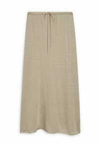 Beige lange Rock aus weichem, leichtem Stoff. Verfügt über einen elastischen Bund mit Zugband. Glatte Textur, einfaches Design, keine Muster.