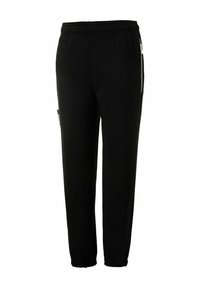 Zwarte broek met elastische tailleband, slim fit, zijrits zakken en een gladde textuur. Gemaakt van zachte, rekbare stof.