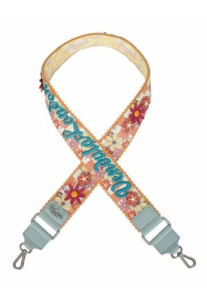 Tracolla regolabile in tessuto floreale con fiori colorati, bordi smerlati, scritta "Desigual" e fibbie metalliche ad entrambe le estremità.