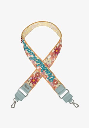 Tracolla regolabile in tessuto floreale con fiori colorati, bordi smerlati, scritta "Desigual" e fibbie metalliche ad entrambe le estremità.