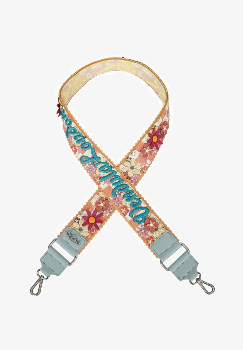 Verstelbare schouderband van bloemstof met kleurrijke bloemen, gegolfde randen, tekst "Desigual" en metalen gespen aan beide uiteinden.