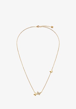 Złoty naszyjnik z delikatnym łańcuszkiem, ozdobiony trzema charmsami w kształcie motyli, z czego dwa są złote, a jeden zdobiony przezroczystymi kamieniami. Z możliwością regulacji zapięcia.