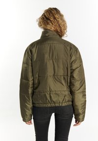 Giacca imbottita verde oliva con collo a imbuto, polsini ed orlo elasticizzati. Presenta pannelli cuciti per una texture e un silhouette informale.