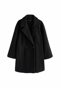 Black wool blend double-breasted coat with wide lapels, long sleeves, and two side pockets, displayed on a white background.