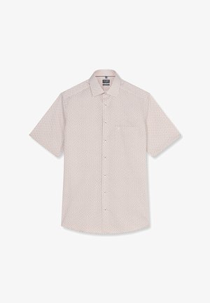 Camicia a maniche corte con bottoni e piccolo motivo geometrico in colori smorzati, con colletto classico e una tasca sul petto.