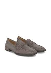 Graue Wildleder-Pantoletten mit niedrigem Blockabsatz, dekorativem Band, gestickten Details und runder Zehenform. Sanfte Textur und klassisches Design.