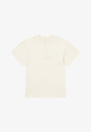 Majica s kratkimi rokavi in okroglim ovratnikom v svetlo bež barvi iz bombaža. Ima žep na levi strani prsnega koša in subtilen logotip "BLKVIS" v svetlem tisku.