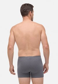 Hombre con cabello castaño corto que lleva calzoncillos grises con pequeños patrones de corazones blancos, de pie de espaldas contra un fondo blanco.