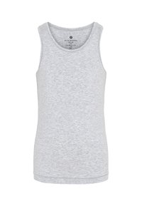 Gray cotton tank top with a round neckline, sleeveless design, and soft texture. Features a simple, solid color with no patterns.