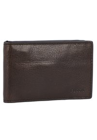 Brown leather wallet featuring textured surface, rectangular shape, and embossed "FOSSIL" logo on the front. Compact and lightly worn appearance.