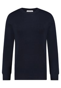 Dunkelblaues Strickpullover mit Rundhalsausschnitt, langen Ärmeln und gerippten Bündchen; glatte Textur, minimalistisches Design ohne Muster oder Verzierungen.