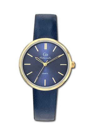 Montre-bracelet ronde dorée avec cadran bleu et bracelet en cuir, marqueurs d'heure dorés, et trois aiguilles indiquant 10:09:37.