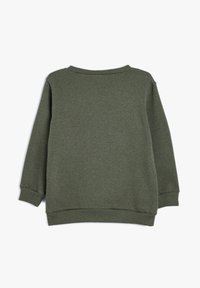 Sudadera verde oliva, hecha de una tela suave, cuenta con mangas largas y cuello redondo. Textura suave con puños y dobladillo acanalados.