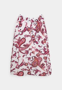 Gonna bianca con un vivace motivo paisley nei toni del rosso, rosa e blu. Tessuto leggero, cintura elastica e design plissettato.